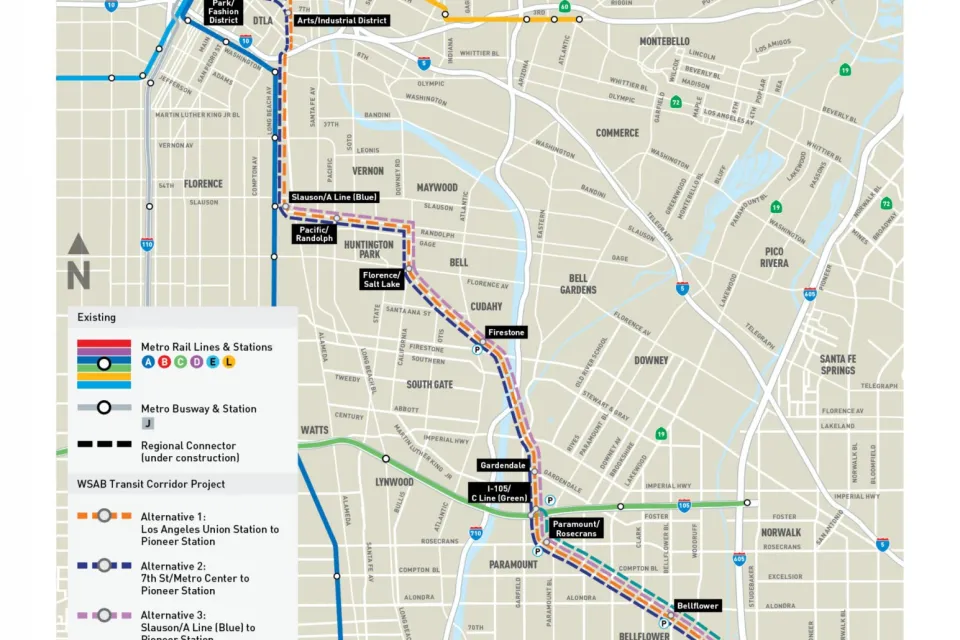 A map of a planned light rail line connecting Los Angeles to cities in the Southeast of the county.